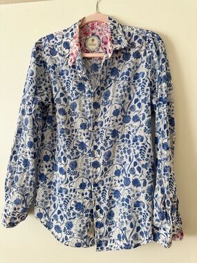 Ganesh Floral Button Down Shirt Size M Blue White Pink Cotton Blouse